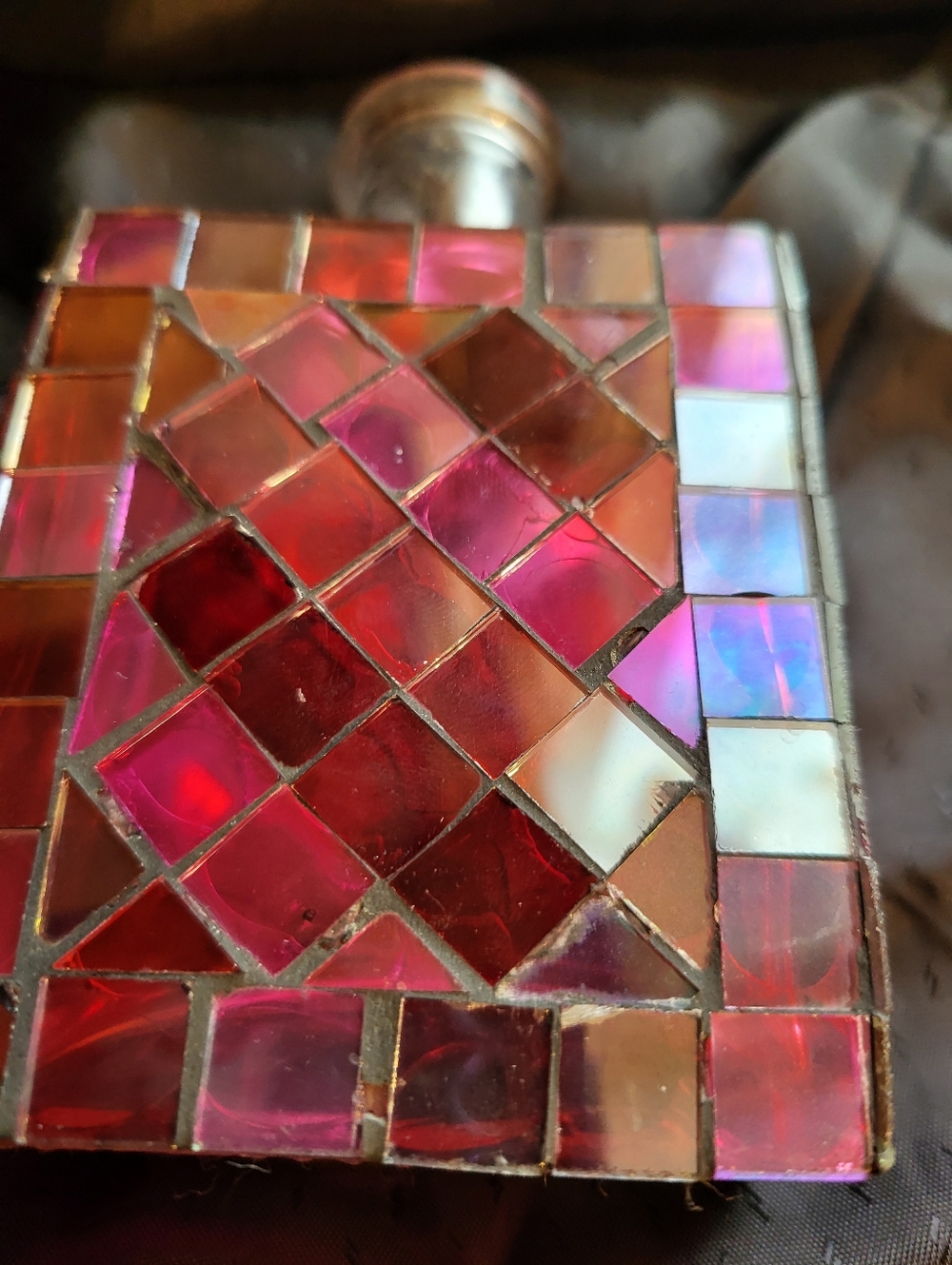 Faceted 5.5 x 3 In. Glass Perfume Bottle with Pink Mosaic Panels With Stopper - Picture 4 of 12